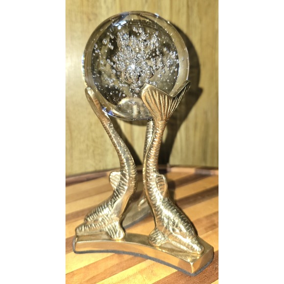 Vintage 4" Crystal Ball  with Dolphin Brass Stand 5.25" Orb Stunning Heavy - Picture 14 of 15